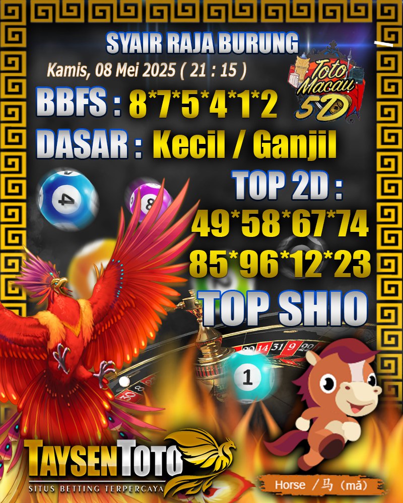 Syair Raja Burung Toto Macau 5D Hari Ini Kamis, 08 Mei 2025 | 21 : 15 WIB