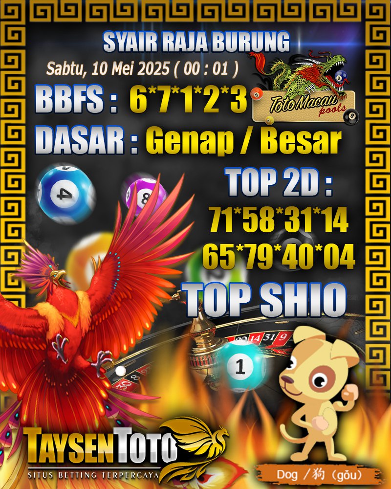 Syair Raja Burung Toto Macau Hari, Sabtu, 10 Mei 2025| 00 : 01 WIB