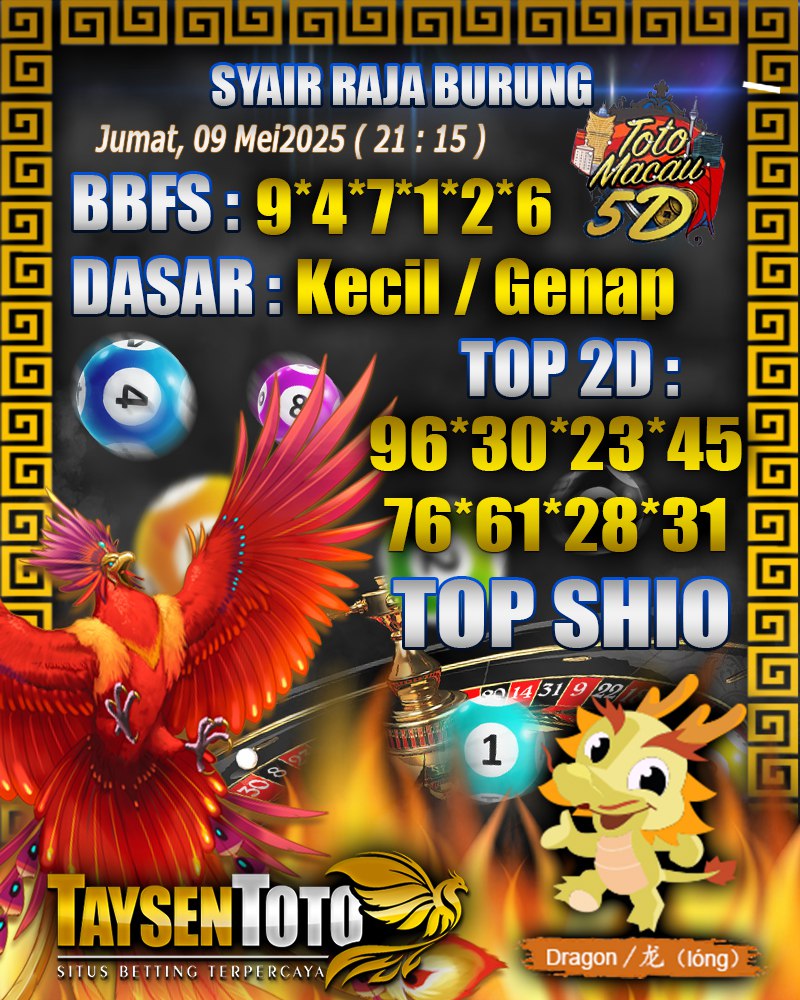 Syair Raja Burung Toto Macau 5D Hari Ini Jumat, 09 Mei 2025 | 21 : 15 WIB