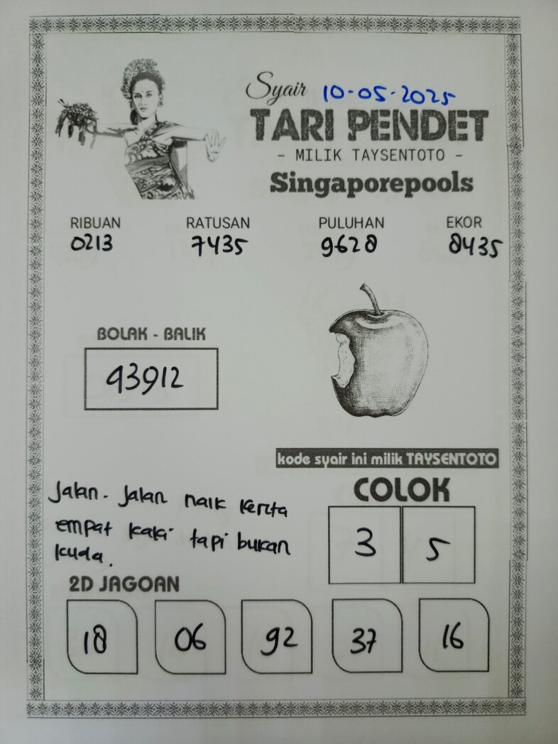 Syair Tari Pendet SGP Hari ini Sabtu, 10 Mei 2025