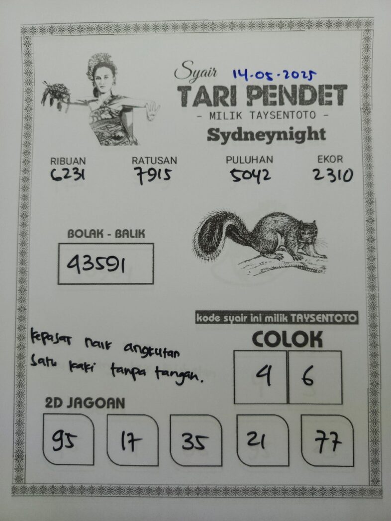 Syair Tari Pendet SydneyNight Hari ini Rabu, 14 Mei 2025