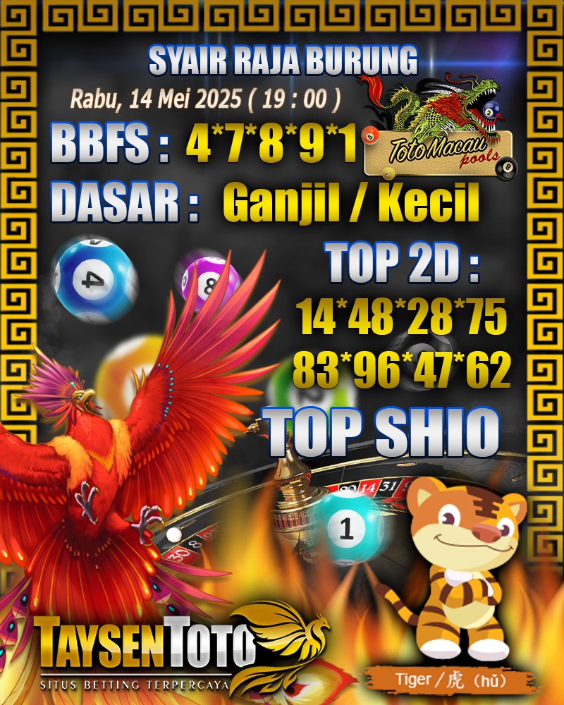 Syair Raja Burung Toto Macau Hari, Rabu, 14 Mei 2025| 19 : 00 WIB