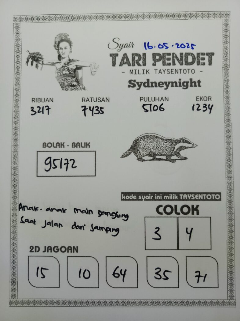 Syair Tari Pendet SydneyNight Hari ini Jumat, 16 Mei 2025
