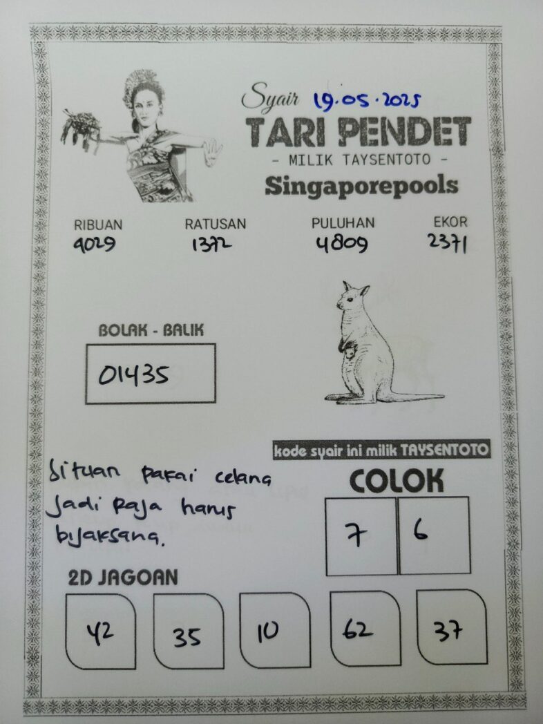 Syair Tari Pendet SGP Hari ini Senin, 19 Mei 2025