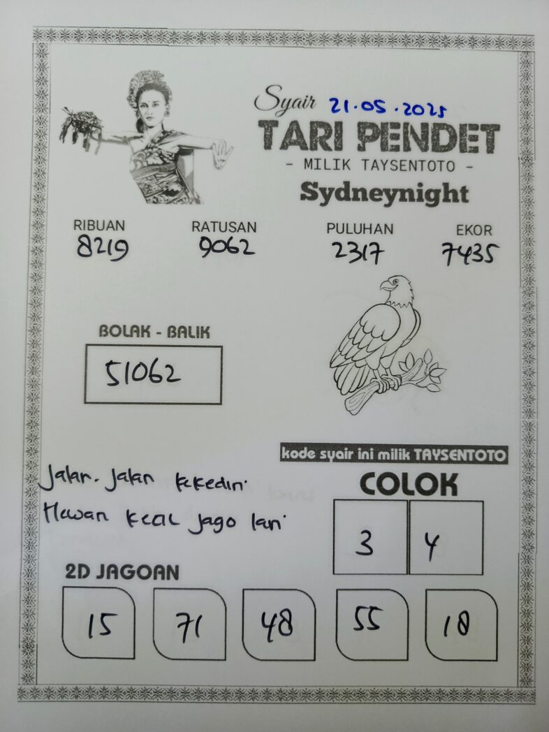 Syair Tari Pendet SydneyNight Hari ini Rabu, 21 Mei 2025