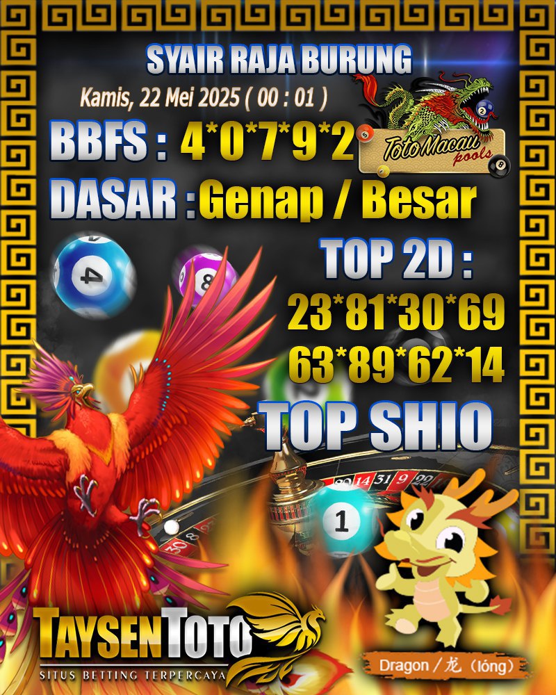 Syair Raja Burung Toto Macau Hari, Kamis, 22 Mei 2025| 00 : 01 WIB