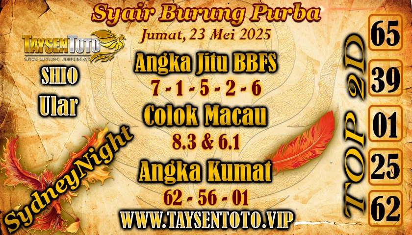 Syair Burung Purba SydneyNight Hari ini Jumat 23 Mei 2025