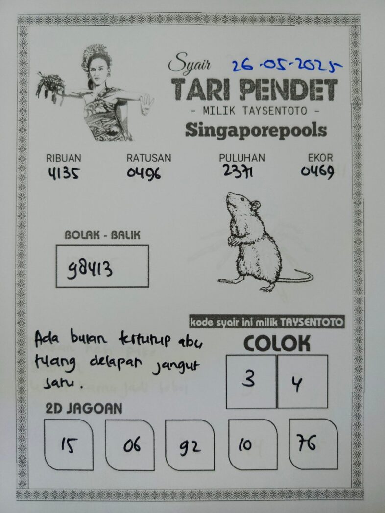 Syair Tari Pendet SGP Hari ini Senin, 26 Mei 2025