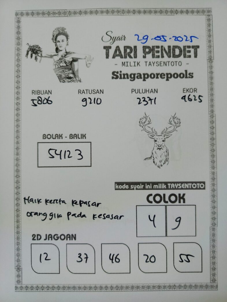 Syair Tari Pendet SGP Hari ini Kamis, 29 Mei 2025