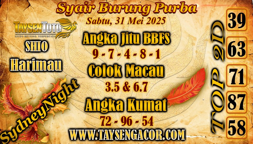 Syair Burung Purba SydneyNight Hari ini Sabtu, 31 Mei 2025