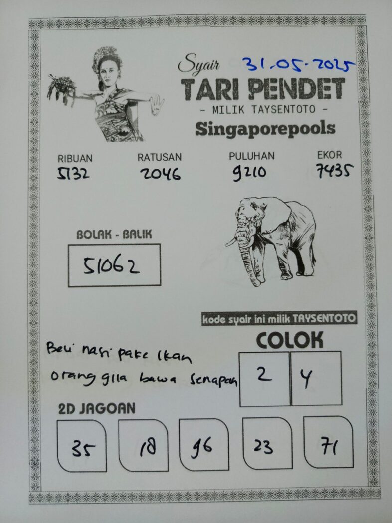 Syair Tari Pendet SGP Hari ini Sabtu, 31 Mei 2025