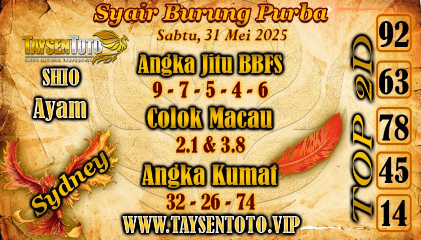 Syair Burung Purba Sydney Hari ini Sabtu, 31 Mei 2025