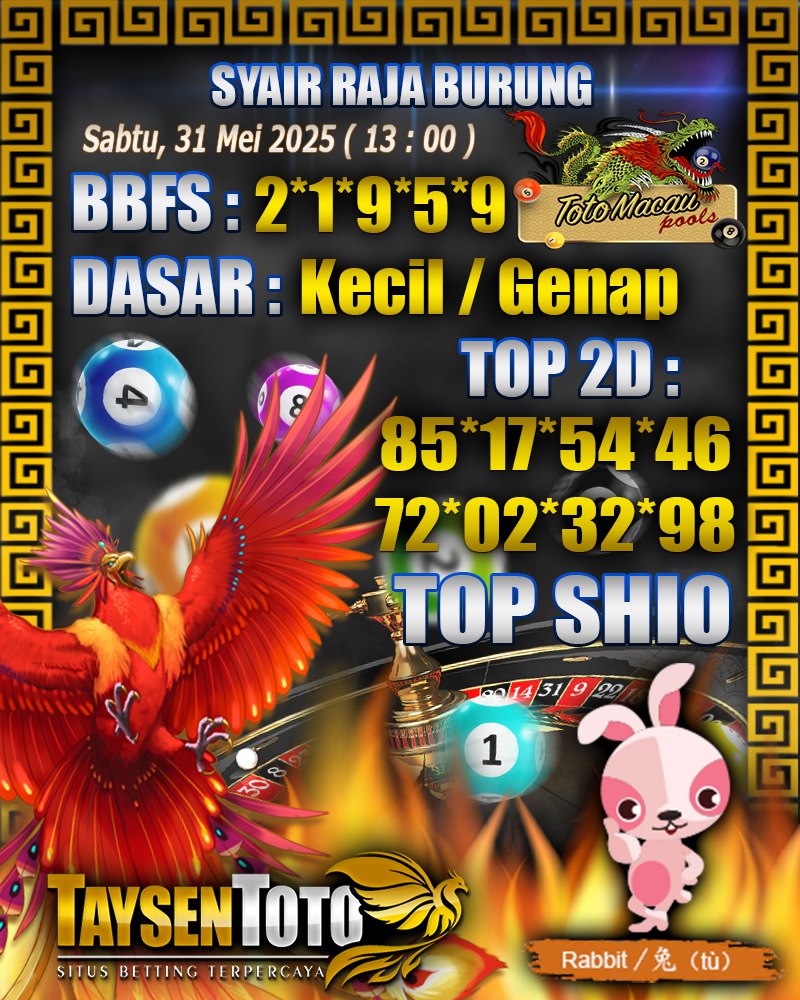 Syair Raja Burung Toto Macau Hari, Sabtu, 31 Mei 2025| 13 : 00 WIB
