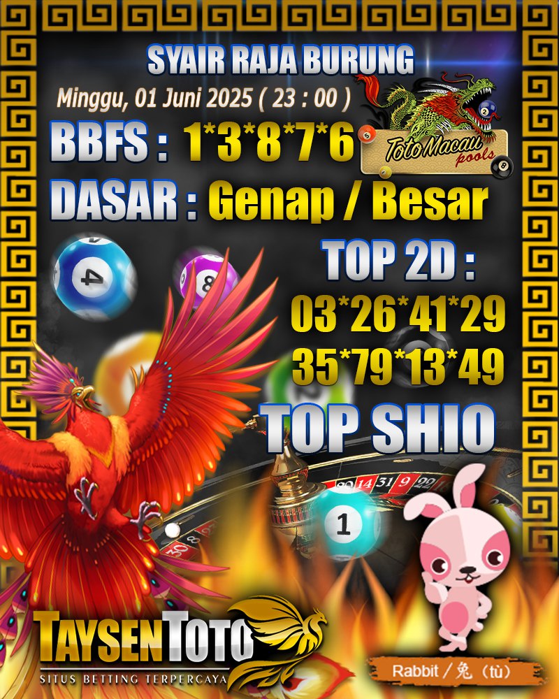 Syair Raja Burung Toto Macau Hari, Minggu, 01 Juni 2025| 23 : 00 WIB