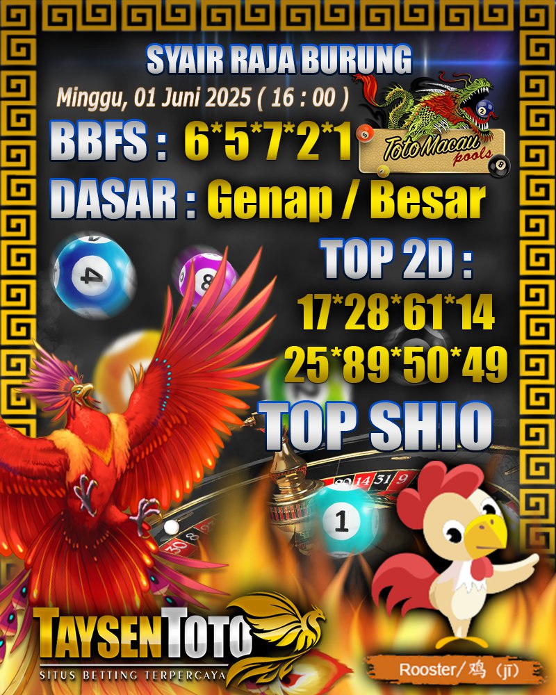 Syair Raja Burung Toto Macau Hari, Minggu, 01 Juni 2025| 16 : 00 WIB