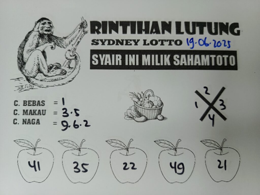 Syair RINTIHAN LUTUNG SYDNEY LOTTO Hari ini Kamis 19 Juni 2025