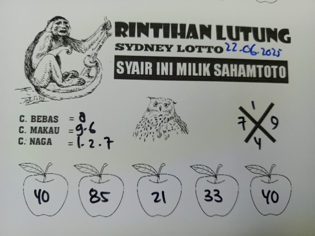 Syair RINTIHAN LUTUNG SYDNEY LOTTO Hari ini Minggu, 22 Juni 2025