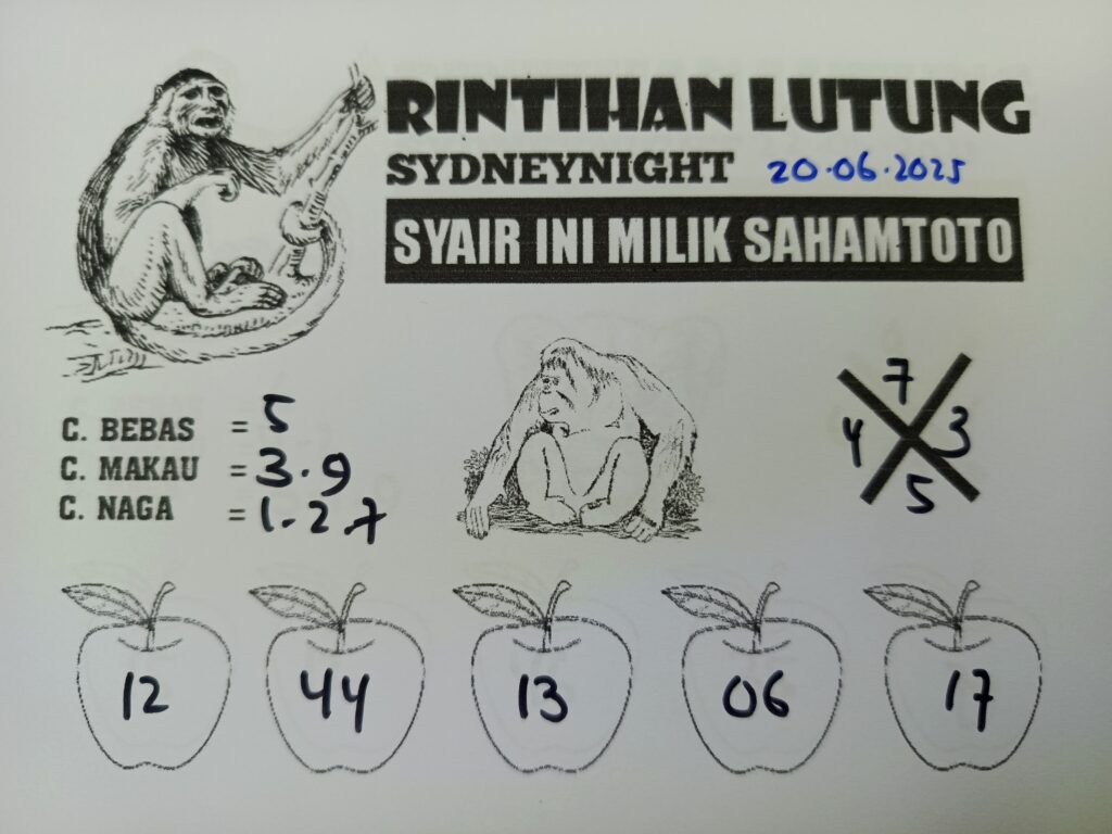 Syair RINTIHAN LUTUNG SydneyNight Hari ini Jumat, 20 Juni 2025