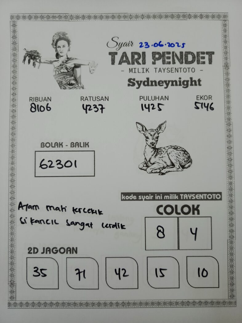 Syair Tari Pendet SydneyNight Hari ini Senin, 23 Juni 2025