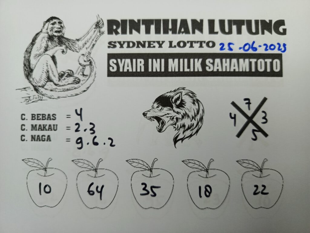 Syair RINTIHAN LUTUNG Sydney lotto Hari ini Rabu, 25 Juni 2025