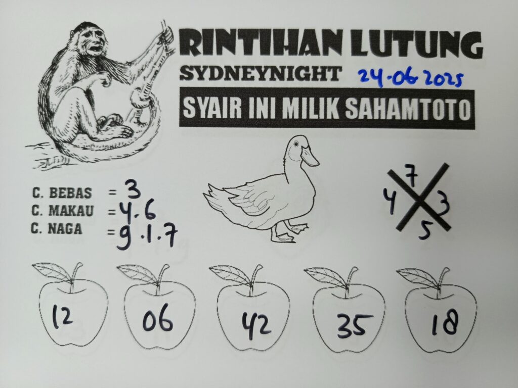 Syair RINTIHAN LUTUNG SydneyNight Hari ini Selasa, 24 Juni 2025