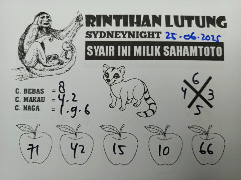 Syair RINTIHAN LUTUNG SydneyNight Hari ini Rabu, 25 Juni 2025