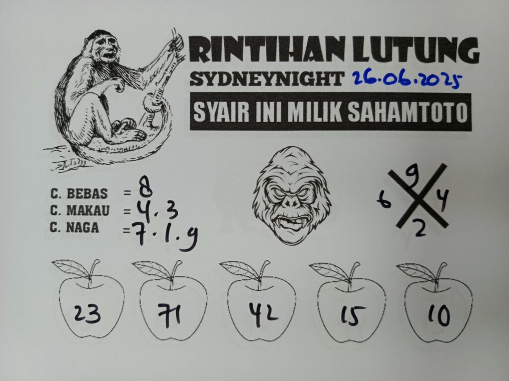 Syair RINTIHAN LUTUNG Sydney lotto Hari ini Rabu, 25 Juni 2025