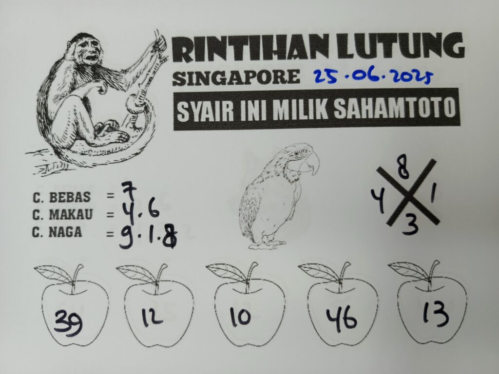 Syair RINTIHAN LUTUNG Singapore pools Hari ini Rabu, 25 Juni 202