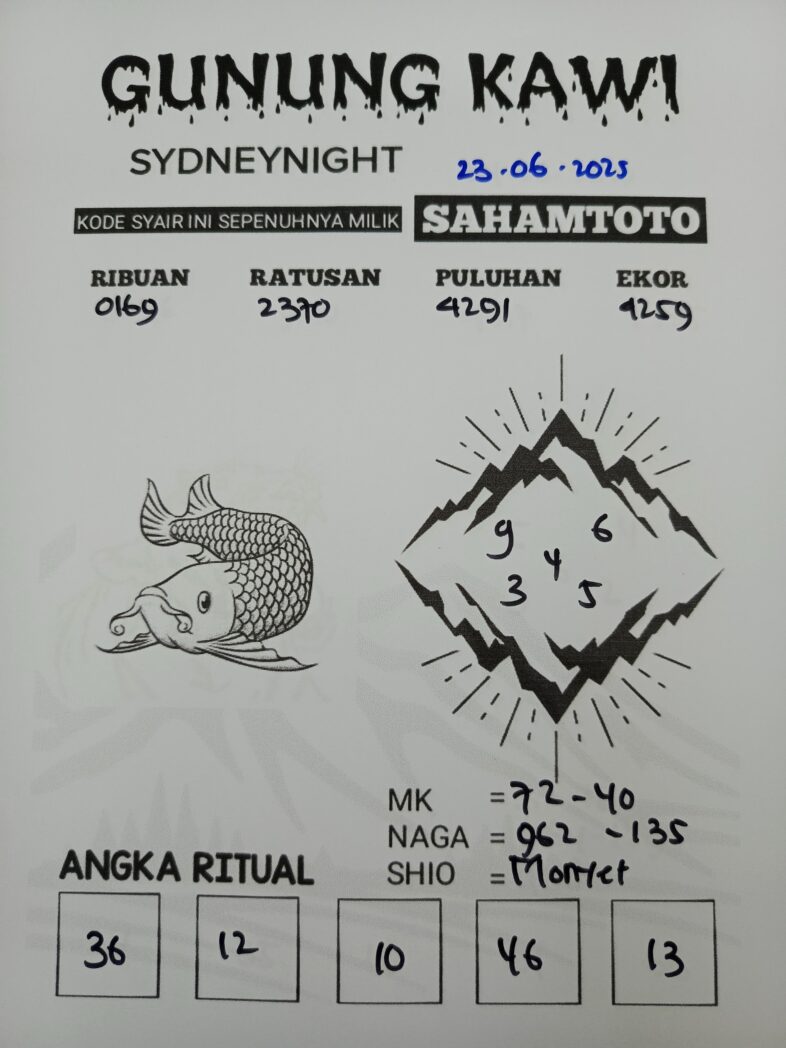 Syair Gunung Kawi SydneyNight Hari ini Senin, 23 Juni 2025