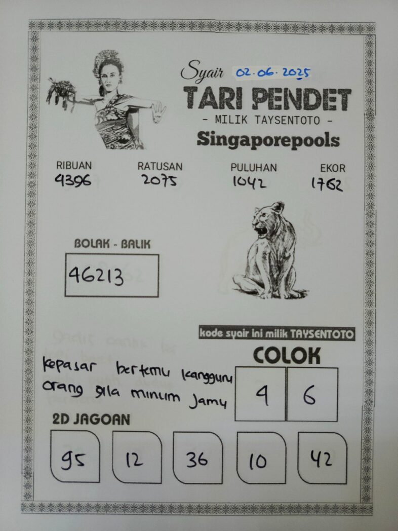 Syair Tari Pendet SGP Hari ini Senin, 02 Juni 2025