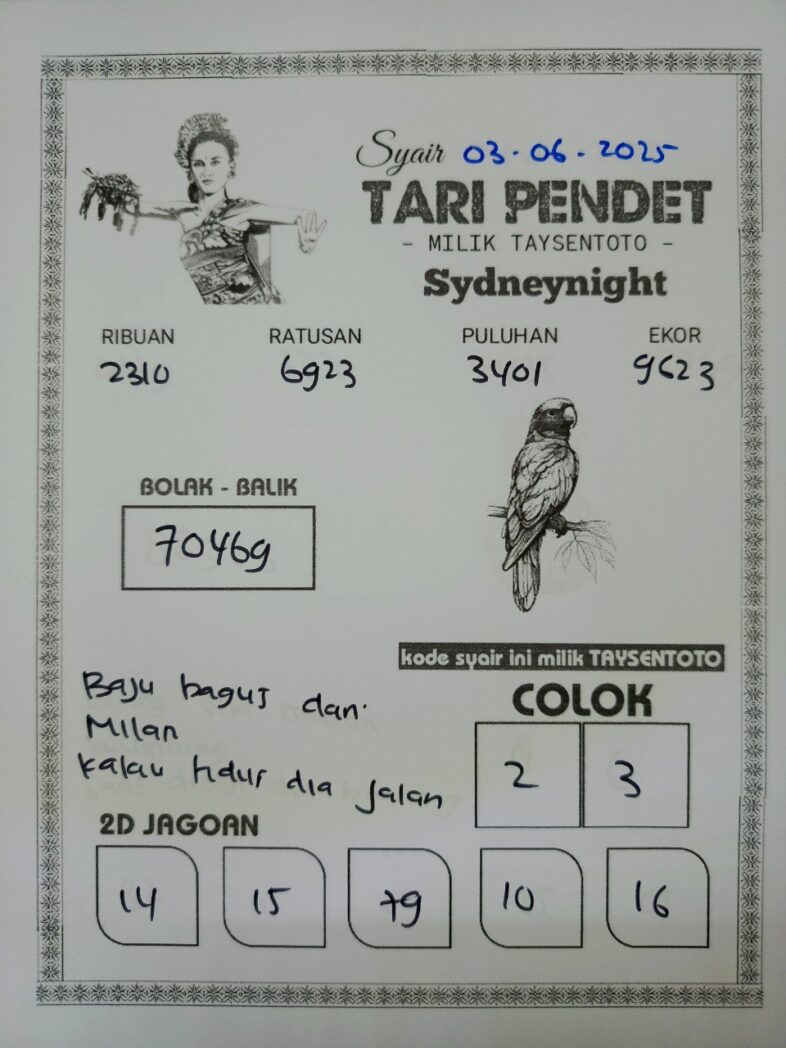 Syair Tari Pendet SydneyNight Hari ini Selasa, 03 Juni 2025