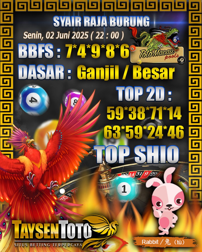 Syair Raja Burung Toto Macau Hari, Senin, 02 Juni 2025| 22 : 00 WIB
