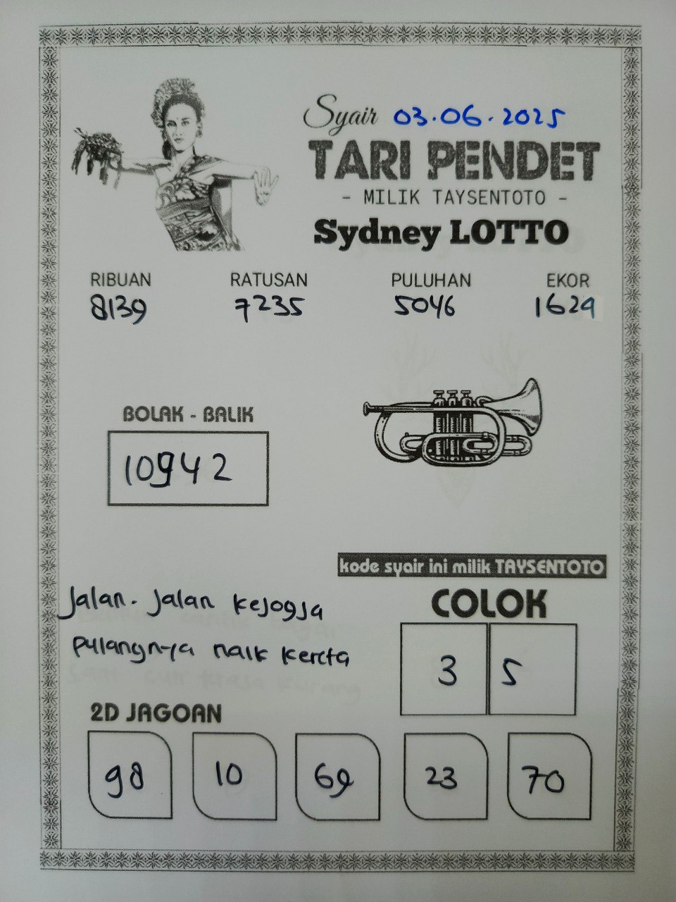 Syair Tari Pendet Sydney Hari ini Selasa, 03 Juni 2025