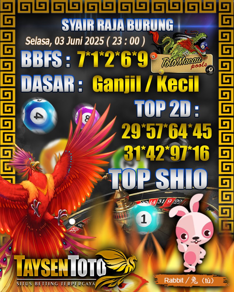 Syair Raja Burung Toto Macau Hari, Selasa, 03 Juni 2025| 23 : 00 WIB