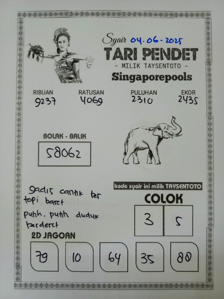 Syair Tari Pendet SGP Hari ini Rabu, 04 Juni 2025