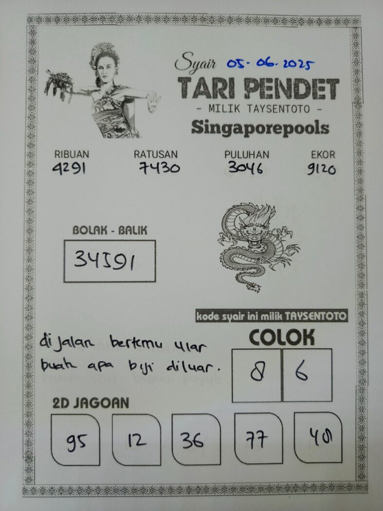 Syair Tari Pendet SGP Hari ini Kamis, 05 Juni 2025