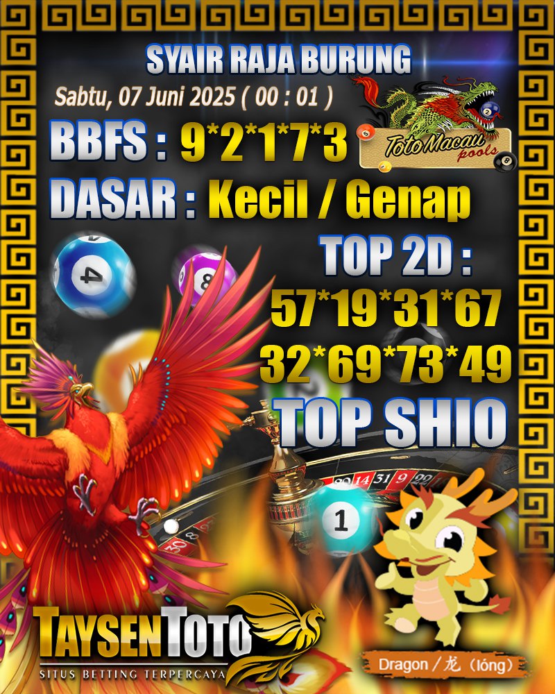 Syair Raja Burung Toto Macau Hari, Sabtu, 07 Mei 2025| 00 : 01 WIB