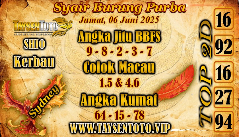 Syair Burung Purba Sydney Hari ini Jumat, 06 Juni 2025