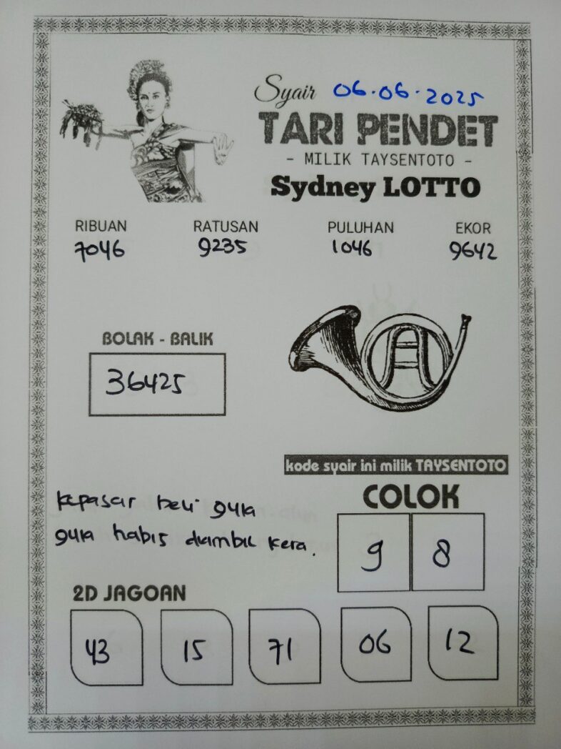 Syair Tari Pendet Sydney Hari ini Jumat, 06 Juni 2025