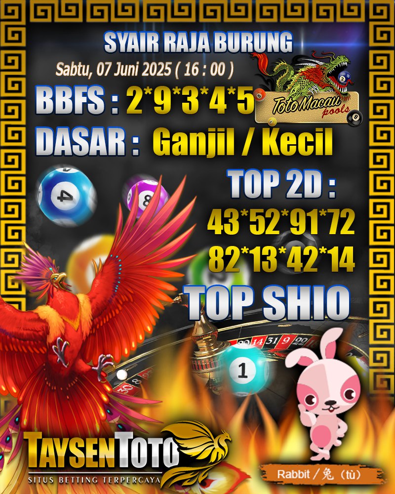 Syair Raja Burung Toto Macau Hari, Sabtu, 07 Mei 2025| 16 : 00 WIB