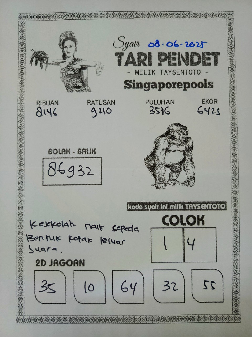 Syair Tari Pendet SGP Hari ini Minggu, 08 Juni 2025