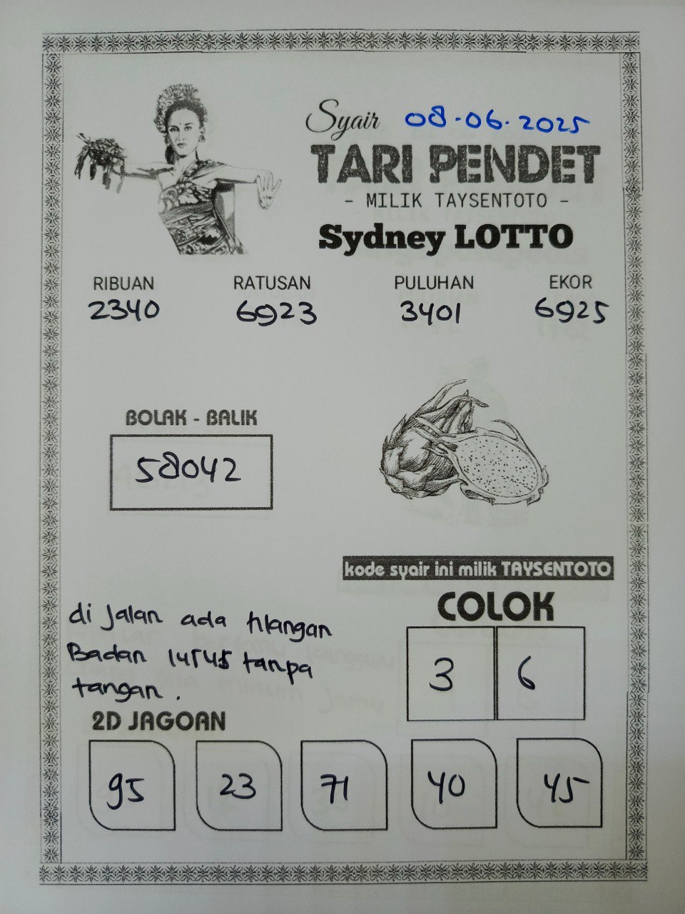 Syair Tari Pendet Sydney Hari ini Minggu, 08 Juni 2025