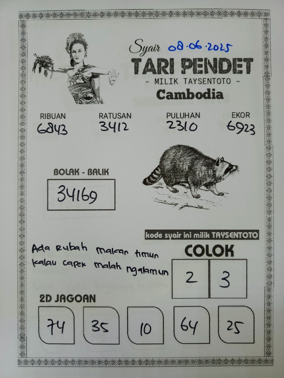 Syair Tari Pendet Cambodia Hari Ini Minggu, 08 Mei 2025