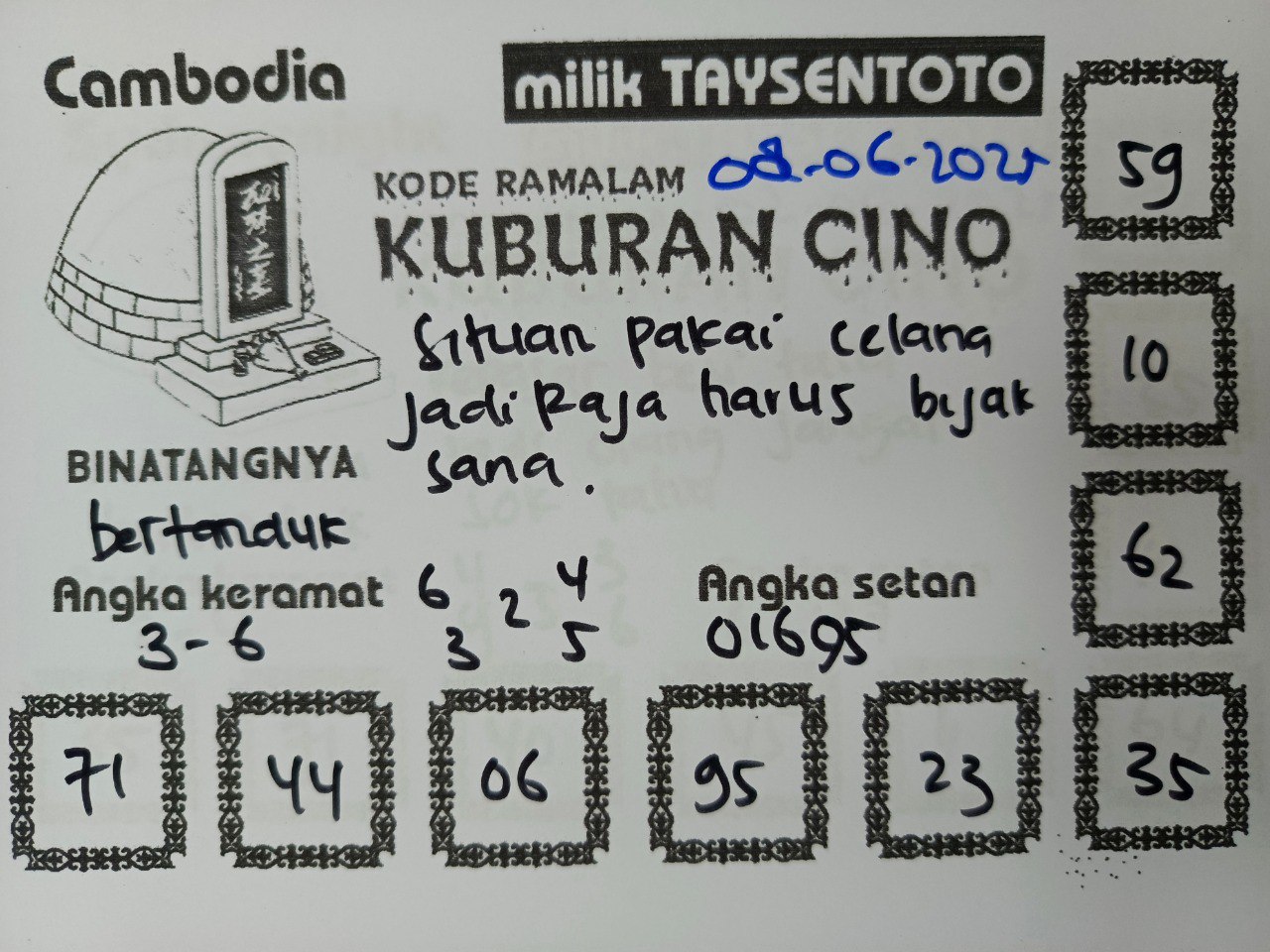 Syair Kuburan Cino Cambodia Hari Ini Minggu, 08 Juni 2025