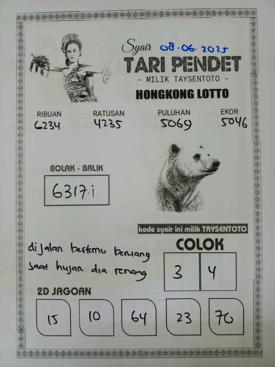 Syair Tari Pendet HK Hari Minggu, 08 Juni 2025