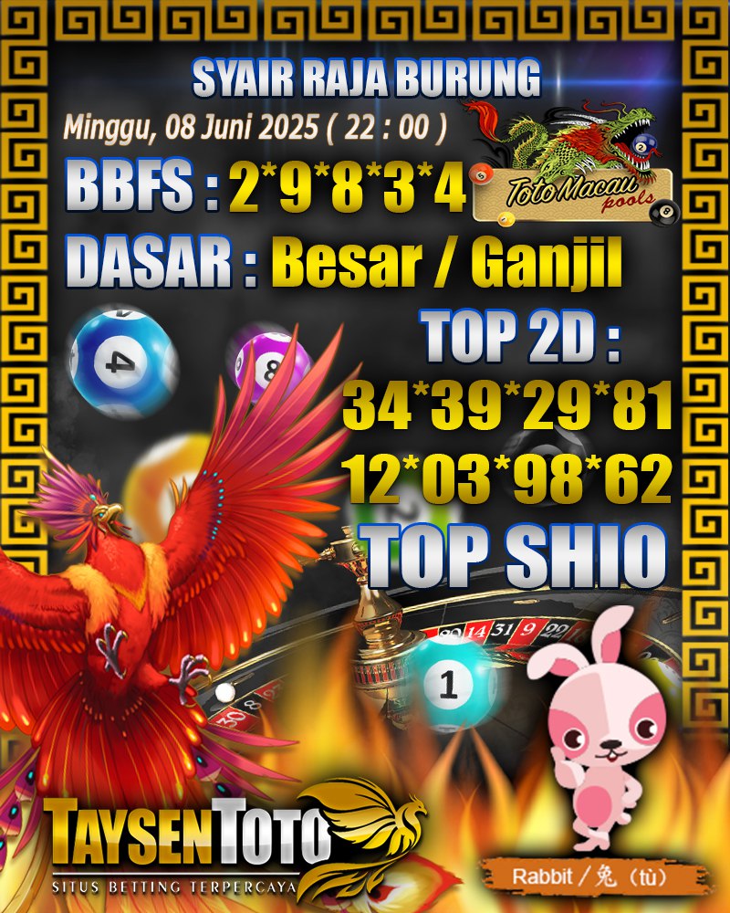 Syair Raja Burung Toto Macau Hari, Minggu, 08 Mei 2025| 22 : 00 WIB