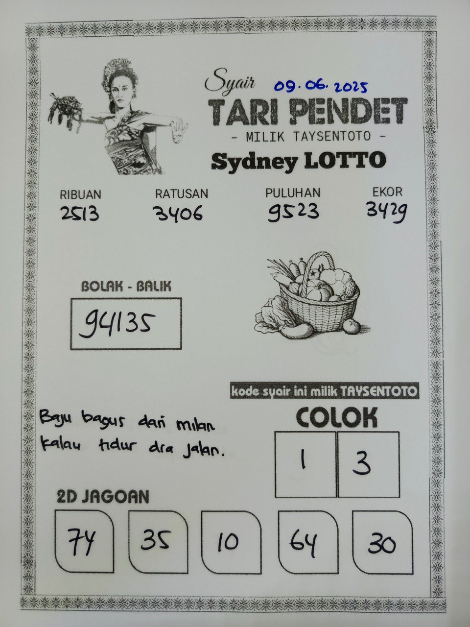 Syair Tari Pendet Sydney Hari ini Senin, 09 Juni 2025