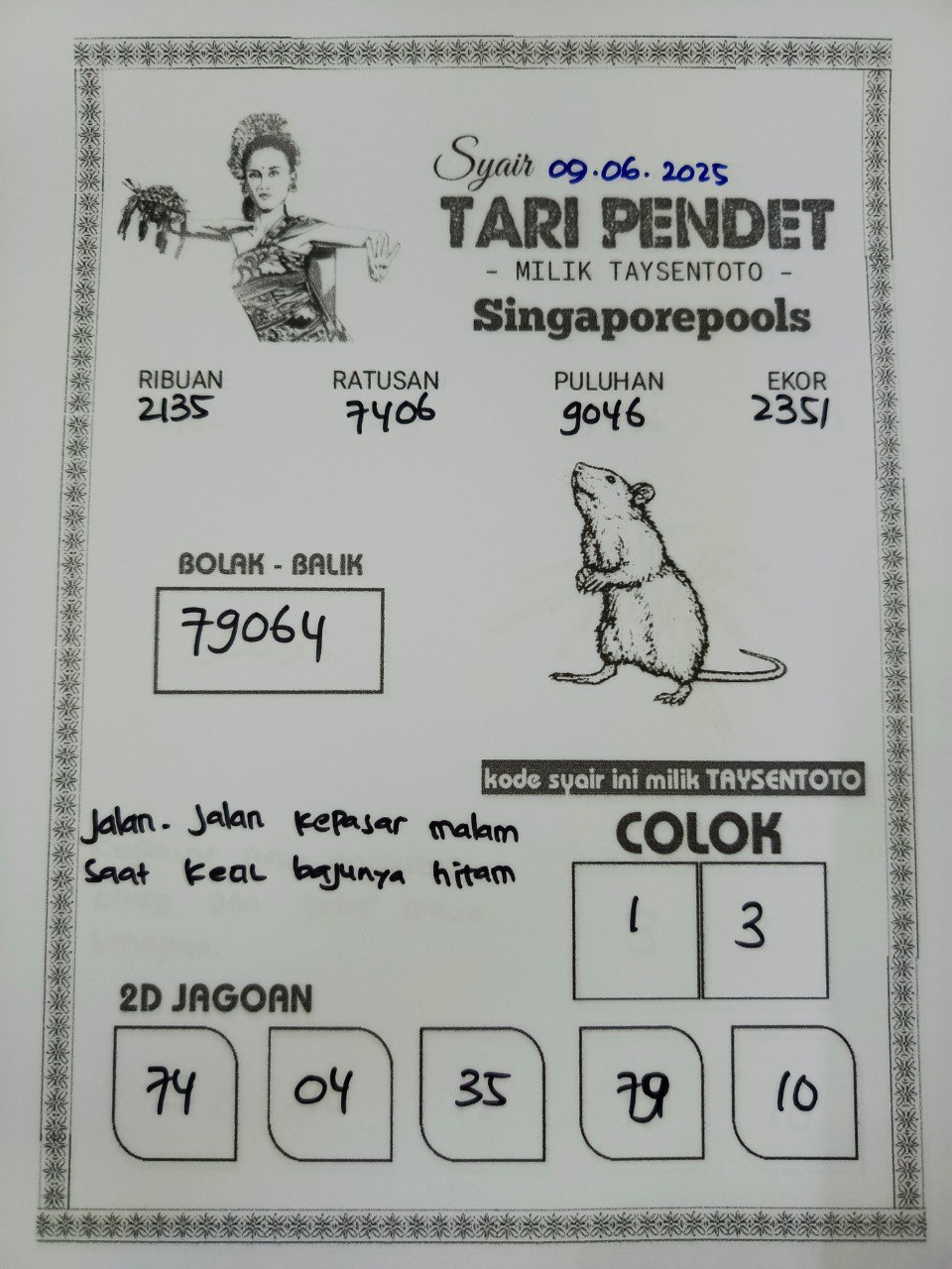 Syair Tari Pendet SGP Hari ini Senin, 09 Juni 2025