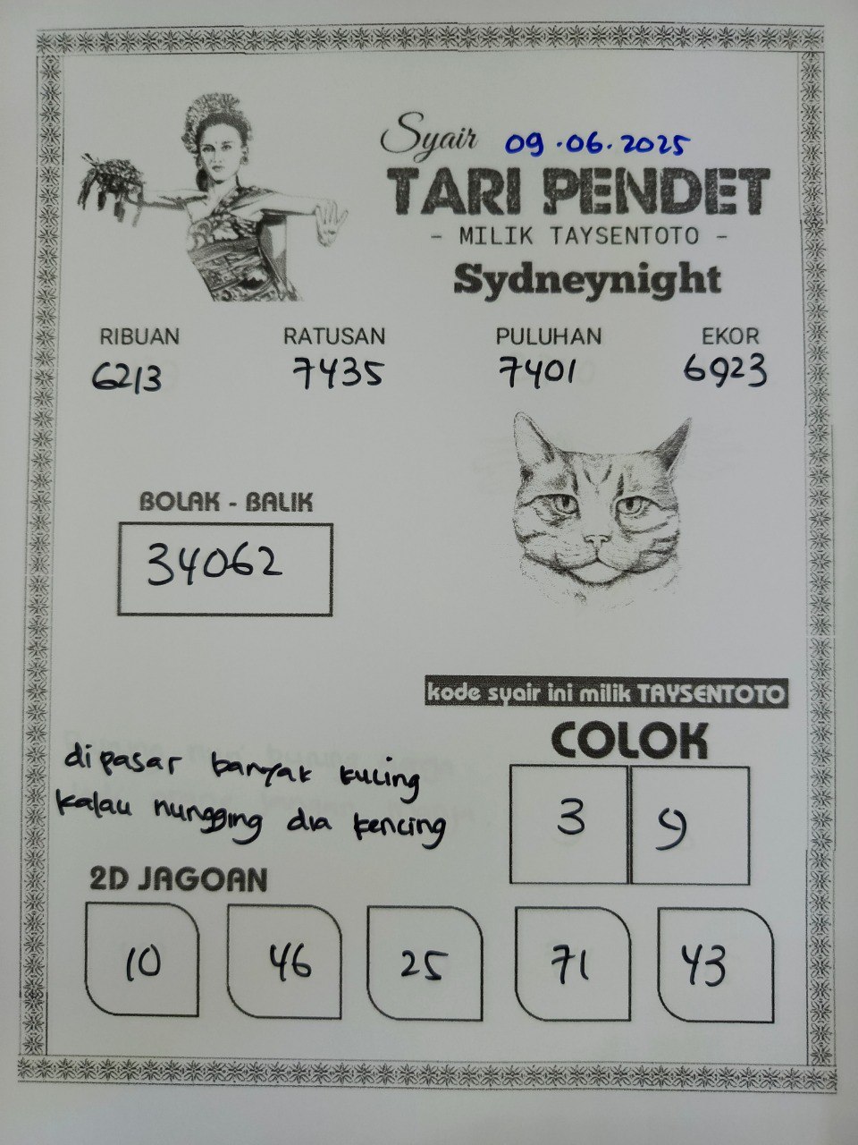 Syair Tari Pendet SydneyNight Hari ini Senin, 09 Juni 2025