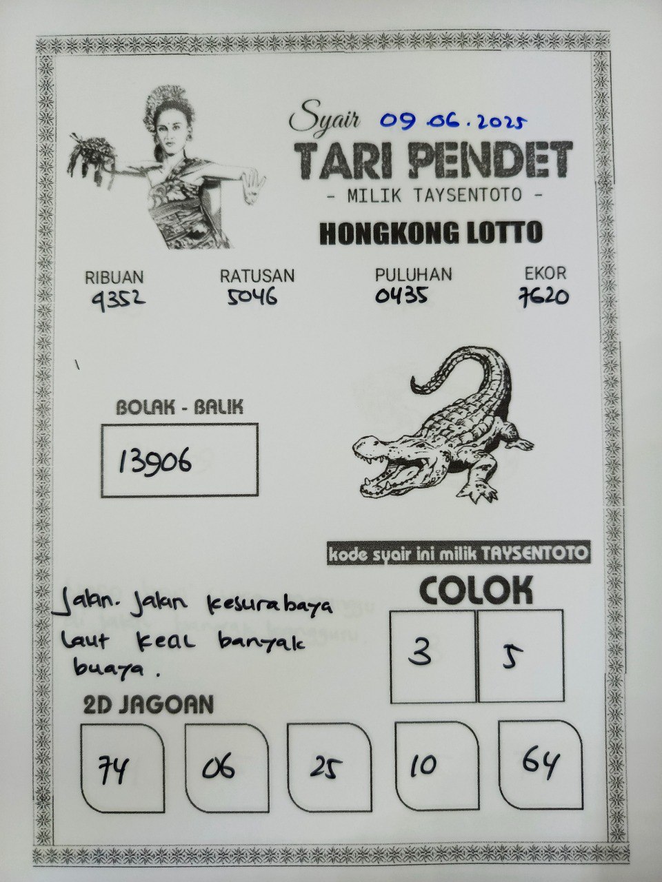 Syair Tari Pendet HK Hari Senin, 09 Juni 2025